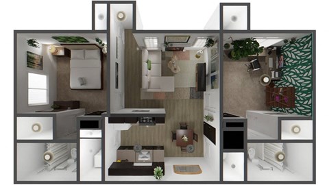 A 3D rendered image of a modern apartment layout.